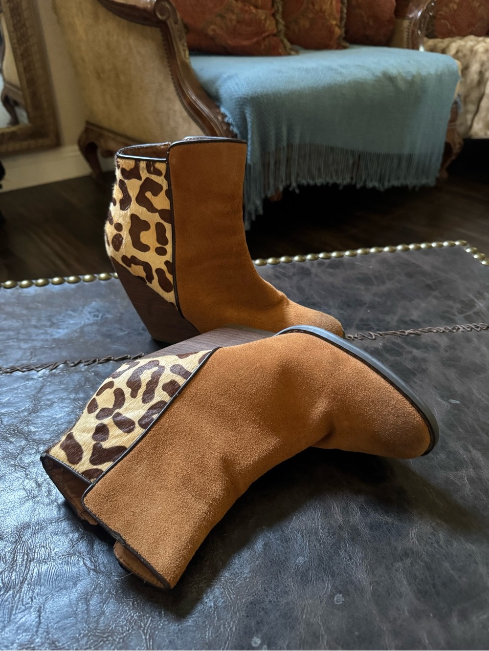 Tan Suede Ankle Boots with hair Leopard- Back